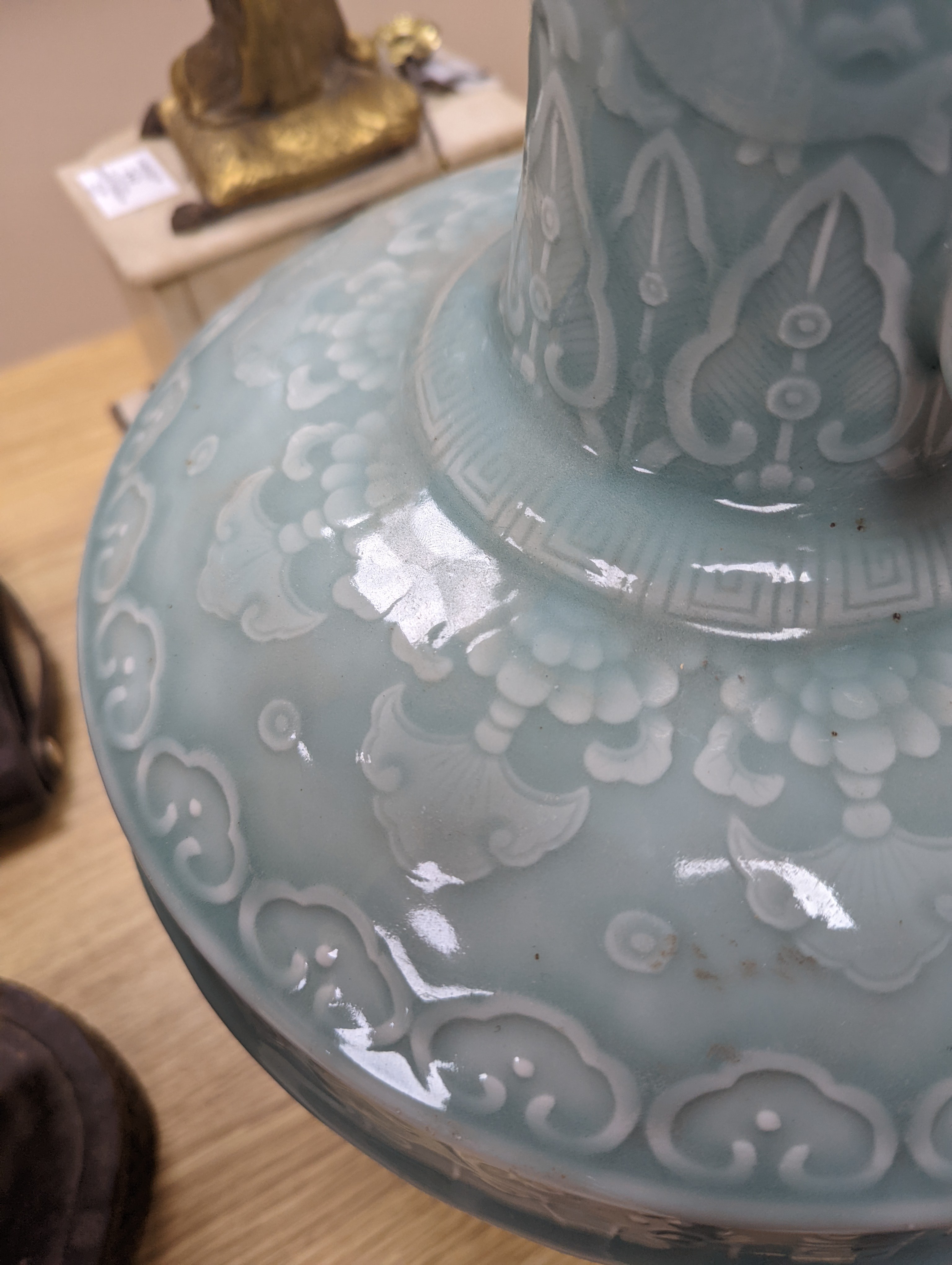 A large Chinese celadon glazed ‘Hundred Shou’ vase 41cm